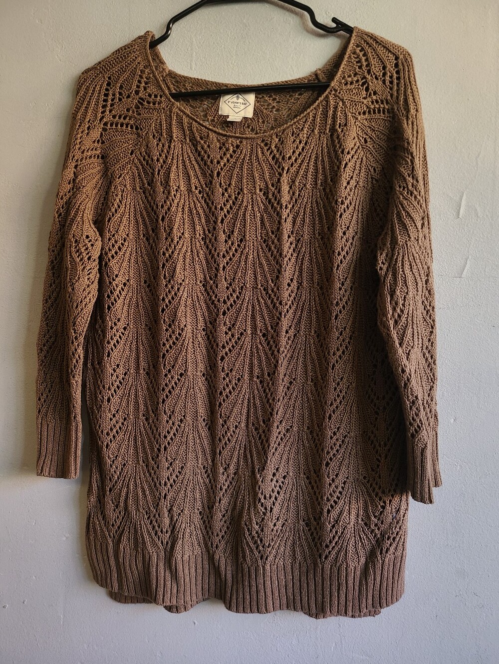 Women's size large brown open knit scoop neck long tunic sweater